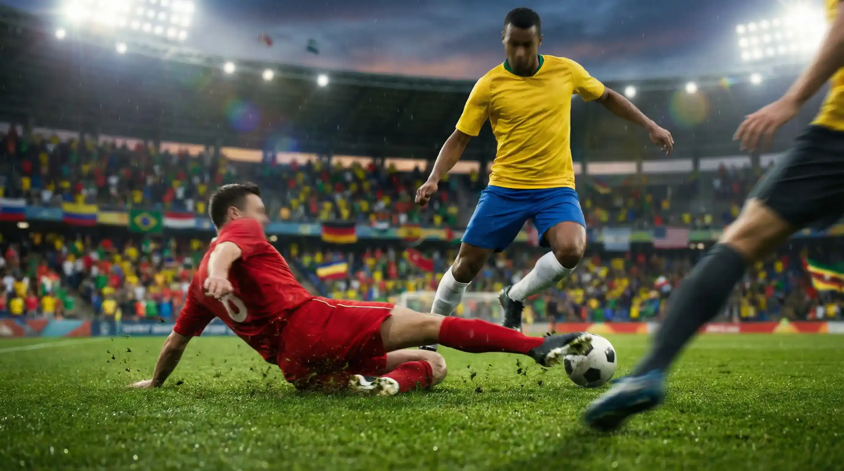 Joueurs de football en pleine action lors d'un match intense avec un tacle au milieu du terrain sous les projecteurs du stade