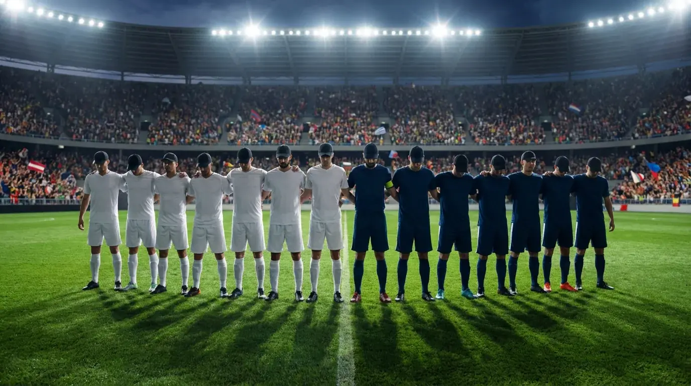 Deux équipes de football alignées sur la pelouse d'un stade moderne avant le coup d'envoi d'un match international