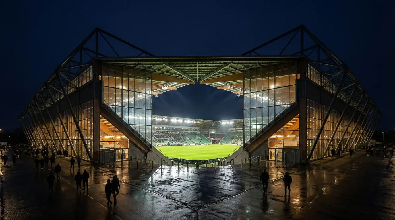 Stade de football illuminé par de puissants projecteurs lors d'un match nocturne avec la pelouse baignée de lumière artificielle