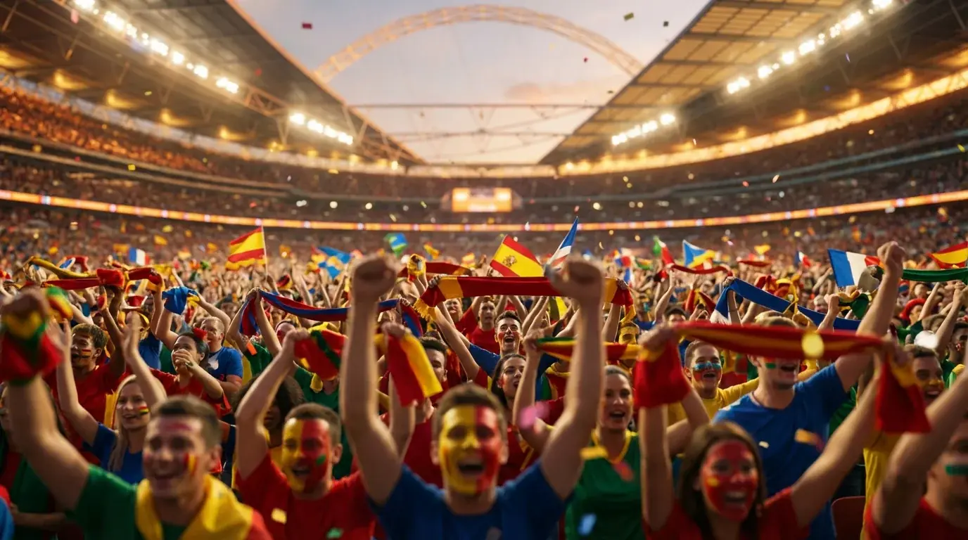 Supporters enthousiastes dans les tribunes d'un stade de football agitant des drapeaux et des écharpes lors d'un match de Coupe du Monde
